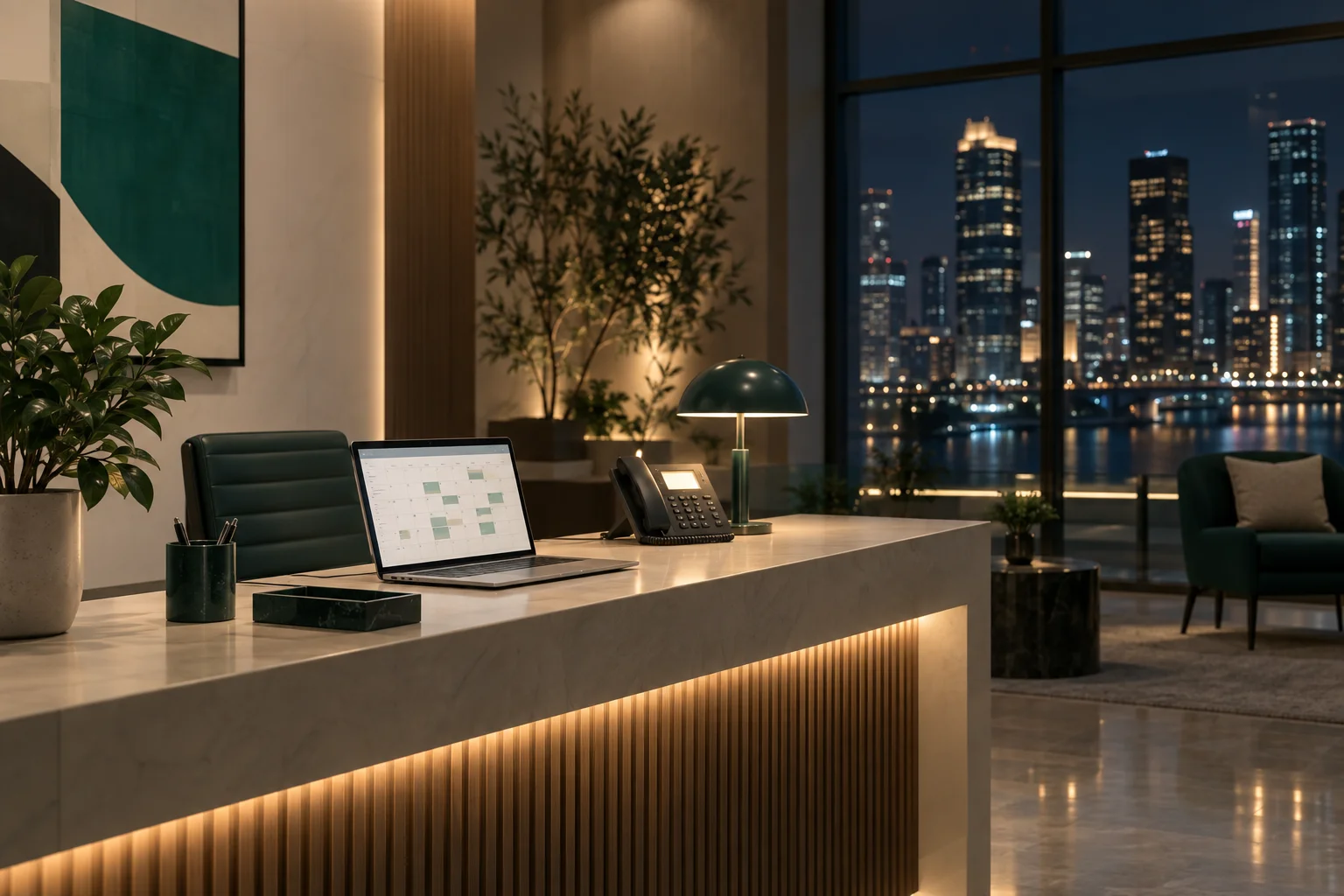 Front office reception desk at night with a phone and scheduling calendar screen lit up, city skyline in the background