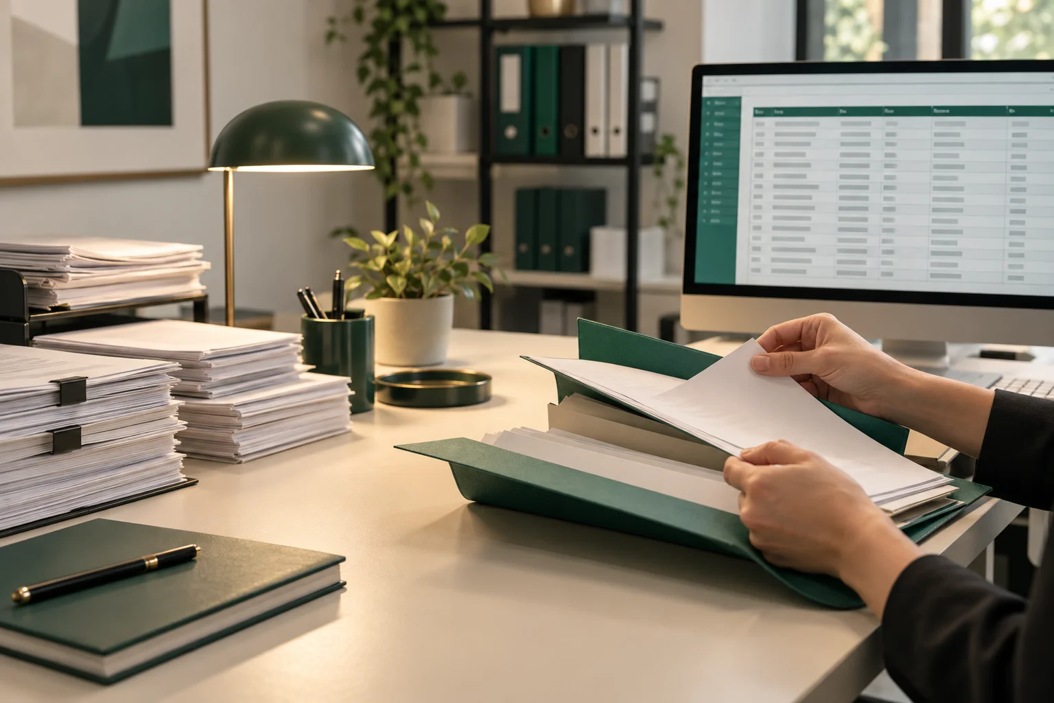 Office desk showing paper invoices being organized alongside a computer screen with structured financial data